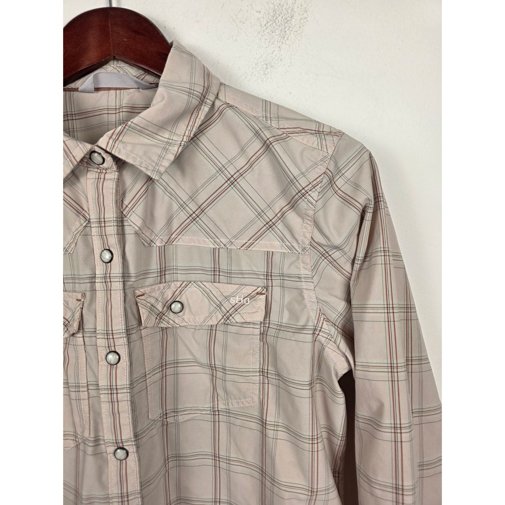 Stio Womens Large Tan Plaid Western Snap Long Sleeve Technical Hiking Shirt - Picture 3 of 6